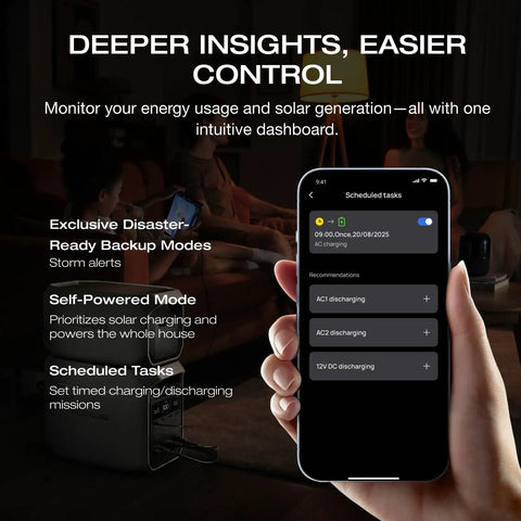 Hand holding phone displaying Go-To Portable Power Station Delta 3 Classic 1024Wh LiFePO4 settings inside a dimly lit room.