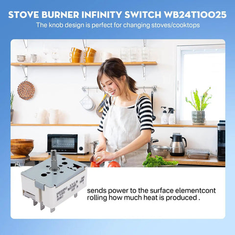 8 Inch Electric Range Burner Infinite Control Switch Replacement with cook preparing food in kitchen