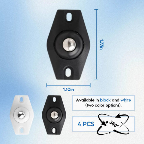12 Piece Heavy Duty Caster Ball Wheels Smooth Swivel Universal Replacement Casters For Furniture Drawers Cabinets Toolboxes And Luggage Slick Gliding Indoor Moving Kit in black and white with dimensions.