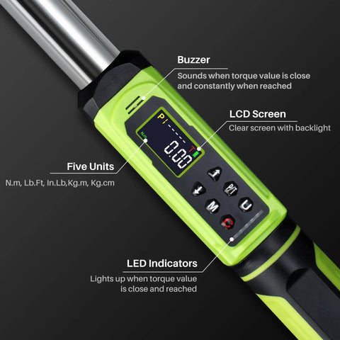 Three Eighths Inch Drive Digital Torque Wrench With Dual Direction Vibration Alarm LED Indicator And Accurate 1.5 To 99.6 Ft Lb And 2.03 To 135 N M Five Unit Measurements For Bike Motorcycle Car Auto Repair