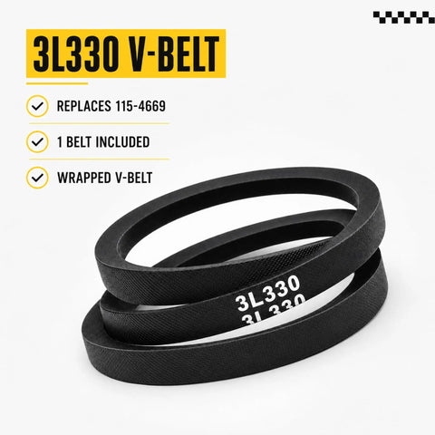 3/8 Inch By 33 Inch V Belt Replacement For Light Duty Power Transmission And Lawn Mower Drives 115-4669 Compatible FHP Wrapped Belt 1 Pack Fits Most Small Engine And Garden Tool Belt Drive Systems., black wrapped 3L330 V-belt shown coiled