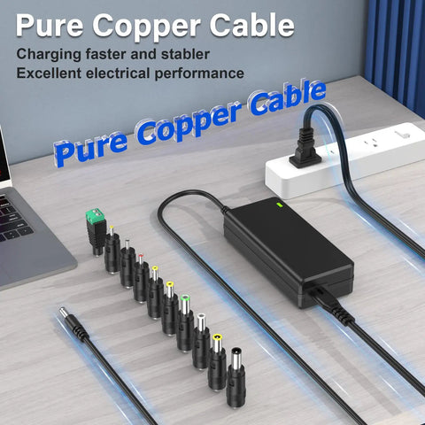 Versatile 14V 56W Power Supply Charger With 10 DC Jacks, Plug And Play, Adjustable 4A 3A 2A 1A Output, UL Listed, Energy Efficiency VI, Regulated Adapter With Built In Short Circuit, Overcurrent, Overvoltage And Over Temperature Protection. black adapter with 10 DC jacks on desk