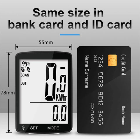 Wireless Bike Computer With 20 Functions All Weather Waterproof Speedometer And Odometer 3 Inch LCD next to credit card size.