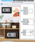 Compact Home Safe Box 0.30 Cu Ft Mini Safe With Digital Keypad mounted on wall and in floor cabinet with mounting instructions.