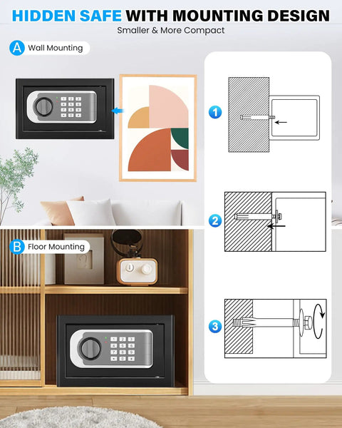 Compact Home Safe Box 0.30 Cu Ft Mini Safe With Digital Keypad mounted on wall and in floor cabinet with mounting instructions.