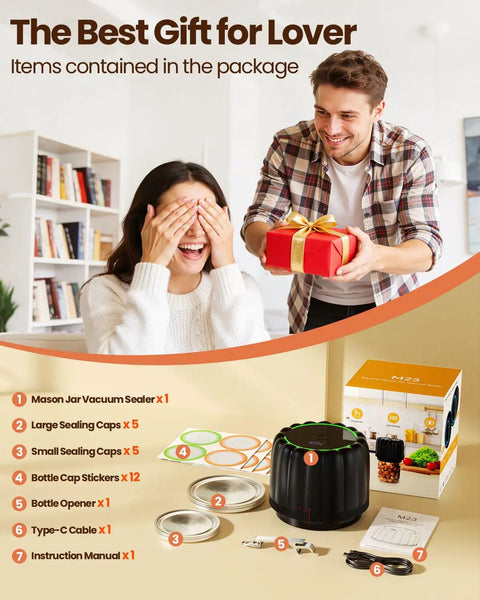 Upgraded Electric Mason Jar Vacuum Sealer Kit With Wide And Regular Mouth Lids, Strong 80 KPa Pump, 2500mAh Battery, gift package