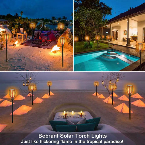 43 Inch Solar Torch Lights With Realistic Flickering Flames 2 Pack illuminating festive backyard areas at night