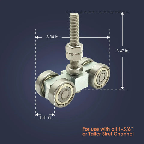 Heavy Duty Steel Four Wheel Trolley Assembly With M10 Bolt For 1.625 Inch Or Taller Strut Channels BT4W-158H dimensions