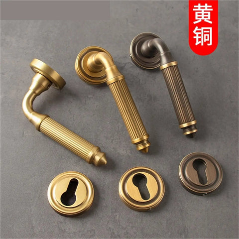 Brass and brown finished interior lever lock door handle for bedroom privacy with split design and keyhole plates