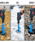 16 Inch by 4 Inch Upgraded Auger Drill Bit With Thickened Sharp Blades and Tungsten Carbide Cemented Blades for Ice Fishing Ice Augers and Heavy Planting on Three Eighths Inch Hex Drive Drill in use on hard, icy, and rocky surfaces