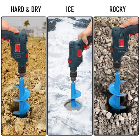 16 Inch by 4 Inch Upgraded Auger Drill Bit With Thickened Sharp Blades and Tungsten Carbide Cemented Blades for Ice Fishing Ice Augers and Heavy Planting on Three Eighths Inch Hex Drive Drill in use on hard, icy, and rocky surfaces