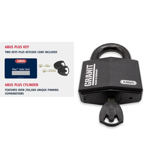 Granit Alloy Steel Padlock 37/55 RK KA Keyed Alike with hardened body, shackle guard, disc cylinder, and two keys shown