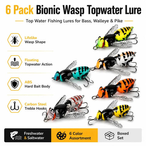 6-pack Bionic Wasp Topwater Lure for Freshwater and Saltwater, Floating Hard Bait With Carbon Steel Treble Hooks No 12.