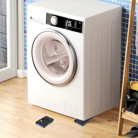 Move Heavy Stuff Like A Pro With These Durable 4-Pc Heavy Duty Furniture Movers under a washing machine on wooden floor.