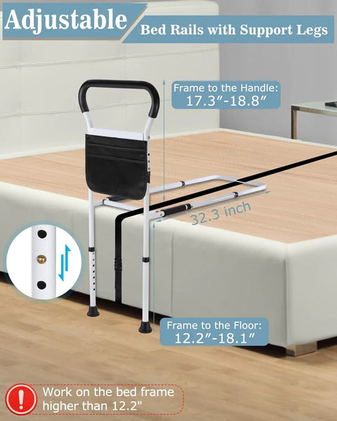 Adjustable Bed Rail For Seniors With No Tool Assembly And Sturdy Support Legs on a bed with size measurements