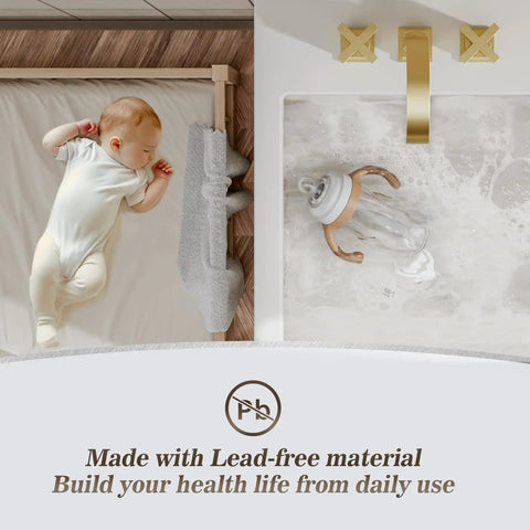 Top view of Brushed Gold Bathroom Sink Faucet With Waterfall Design, Widespread 8-Inch 3-Hole Mount, next to sleeping baby.