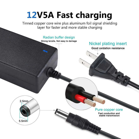 12V 5A CCTV Camera Power Supply With 8 Way Splitter Cable showing plug, tinned wire, and nickel plating details