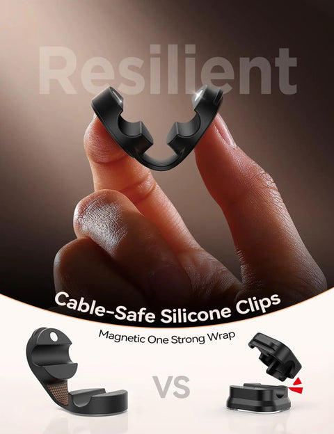 8 Pack Silicone Magnetic Cable Clips For Under Desk Cable Management And Adhesive Wire Hider shown on a hand