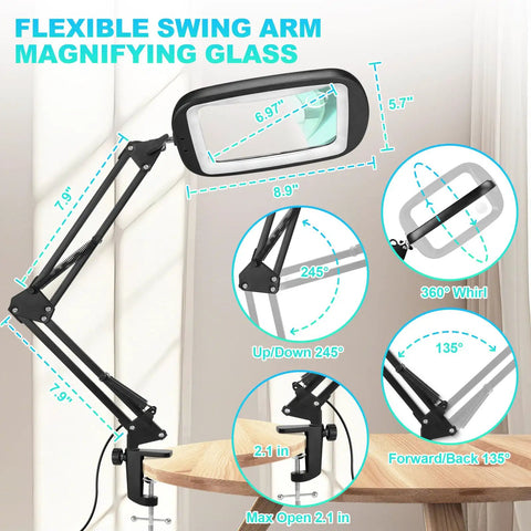 Extra Large Magnifier With Light And Clamp Hands Free Rectangle Desk Magnifier Features 10x To 30x Zoom Five Color LED Modes Adjustable