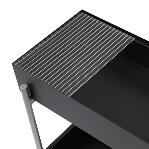 Top view of Ride Smooth Black Two Tier Mobile Bar Cart With Secure Roller Wheels, featuring a striped glass top and sleek design.