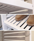 Close-up of Solid Wood Cut To Fit Closet Storage Kit In Clean White featuring slatted shelving and shoes, ideal for organization.