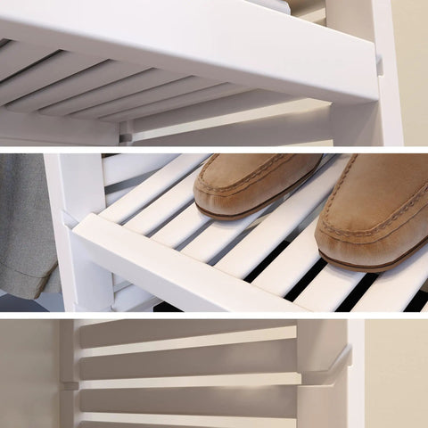 Close-up of Solid Wood Cut To Fit Closet Storage Kit In Clean White featuring slatted shelving and shoes, ideal for organization.
