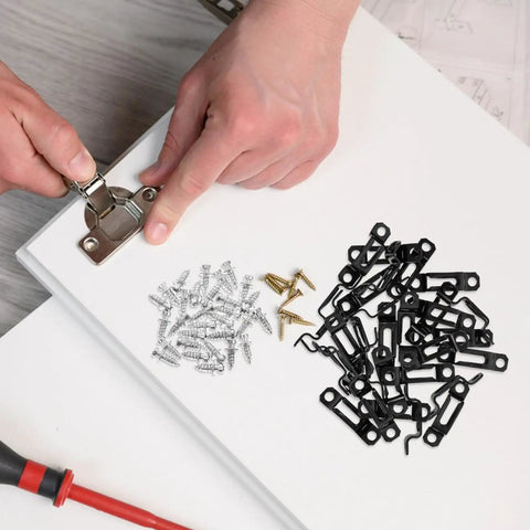 Rock Solid Heavy Duty 30 Piece Invisible Cabinet Connector Set Featuring 2 In 1 Iron Hidden Joint Fasteners on a work surface with screws.