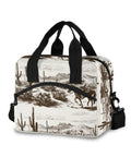 Desert Cowboy Insulated Cooler Bag 10L Leakproof Lunch Box with brown western print, black straps, zip pockets, and rugged Oxford fabric.