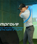 Man practicing indoor with 420g Weighted Golf Swing Rope Trainer That Feels Like a Real 7 Iron to Build Tempo and Rhythm Lag Feedback.