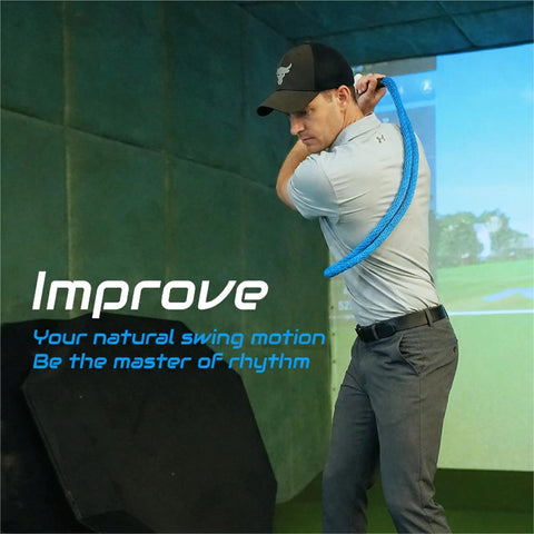 Man practicing indoor with 420g Weighted Golf Swing Rope Trainer That Feels Like a Real 7 Iron to Build Tempo and Rhythm Lag Feedback.