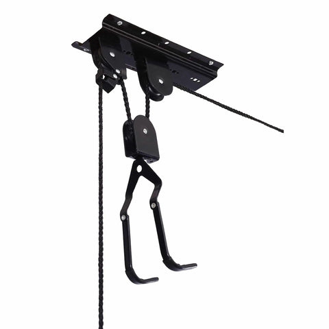 Bike Hoist For Garage Storage Ceiling Lift With 100 Lb Capacity Easy Install Rubber Coated Hooks hanging from ceiling mount