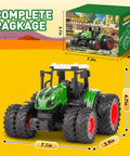 All Terrain Farm Tractor Toy For Kids 3 To 7 Years Old, 1 To 24 Scale Monster Truck With 8 Wheels shown with packaging and dimensions.