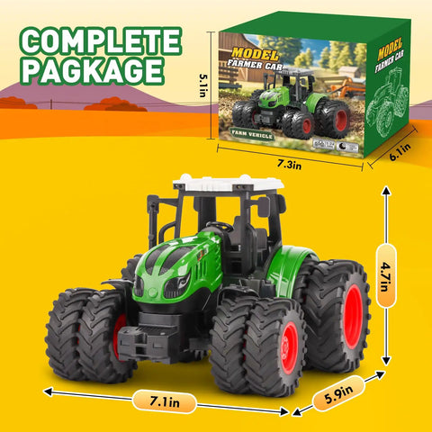 All Terrain Farm Tractor Toy For Kids 3 To 7 Years Old, 1 To 24 Scale Monster Truck With 8 Wheels shown with packaging and dimensions.