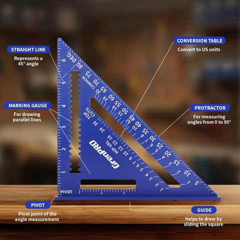 Pro Level Combination Square Set Featuring Heavy Duty Aluminum Zinc Construction With Dual Scale Layout Ruler For Badass Woodworking Shops And Precise Machining Layouts Daily showing a blue square with marking gauges and conversion table.