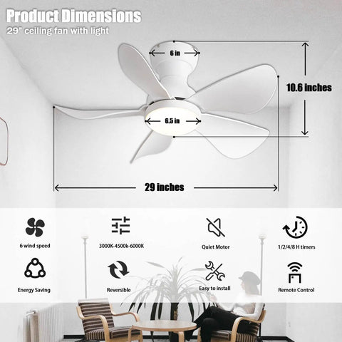Tiny Ceiling Fan With Lights And Remote, Flush Mount, Low Profile 30 Inch, 5 Reversible Blades, 6 Speeds in a room setting.