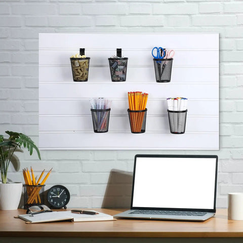 Six Piece Slatwall Cup Set With Hooks For Garage, Workshop, And Office Storage Metal Mesh Tool Holders on wall with stationery