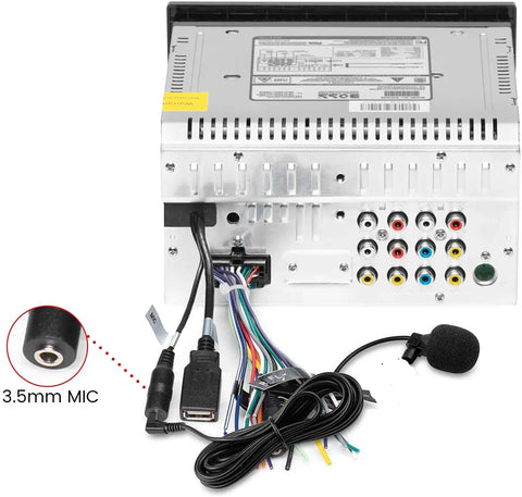 Back view of car stereo receiver showing 3.5mm External Microphone Kit for Car Head Unit with 3 Meter Cable and connectors.