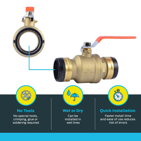 2 Inch Brass Push To Connect Ball Valve For PEX Copper CPVC PE-RT And HDPE Pipes with detailed front and side view