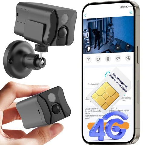 4G LTE Cellular Security Camera Indoor No WiFi Off Grid With Long Standby Battery Life Night Vision And Human Detection next to smartphone app displaying live video feed.