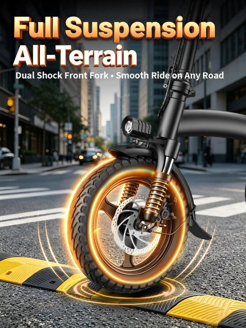 Powerful 1200W Folding Electric Bike For Adults with a focus on dual disc brakes and 14-inch tires in city setting