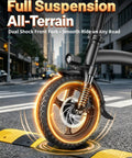 Peak 1200W Folding Electric Bike For Adults And Teens front wheel close-up on city street, highlighting full suspension feature.