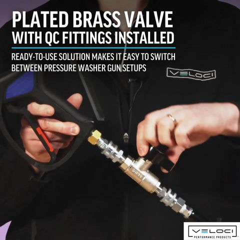 Front view of Veloci plated brass ball valve with stainless steel quick-connect fittings for washer attachments.