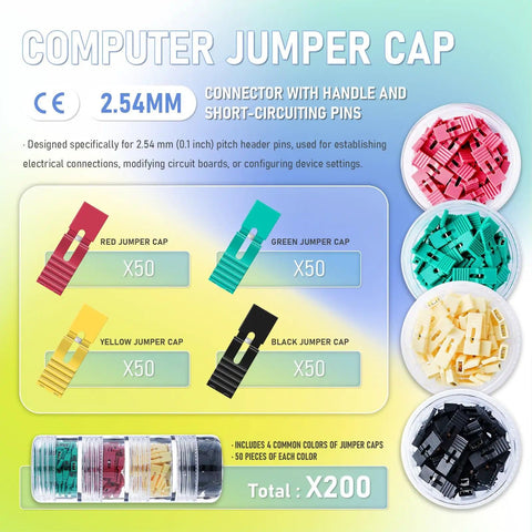 200 Piece Set Of Standard Computer Jumper Caps With Handle Pins For Short Circuit Across Two Pin Connectors In Black Yellow And Green Red Compatible With Arduino Raspberry Pi PC DVD HDD Motherboard Projects displayed in packaging with color labels and quantities.