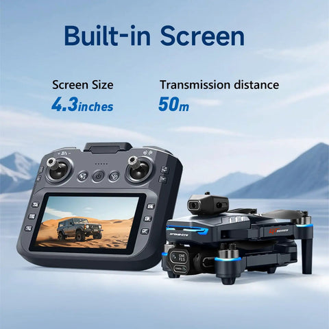 Mini Drone With HD Camera And Sweet 4.3 Inch LCD Screen, remote control with built-in screen and foldable drone displayed.
