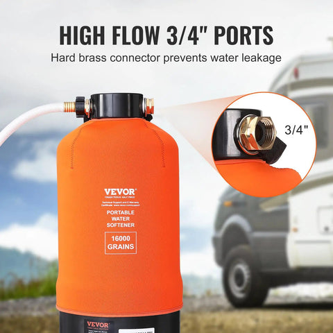 Portable 16,000 Grain RV Water Softener With Three Quarter Inch Brass Fittings And Forty Two Inch Hose For RVs Trailers Boats And On The Go Pressure Washing.