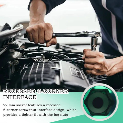 Hella Tough And Dead On 22 Millimeter Socket Half Inch Drive Heavy Duty Impact Tool With Pin Holes Protective Sleeve in use on an engine.