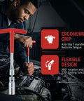 T Handle Spark Plug Socket Wrench Set with universal spark plug remover, installer. Mechanic using set on car engine.