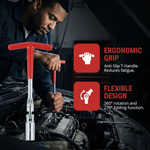 T Handle Spark Plug Socket Wrench Set with universal spark plug remover, installer. Mechanic using set on car engine.