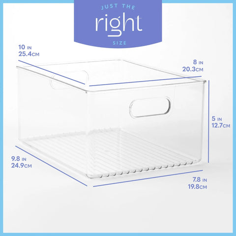 Six Pack Clear Plastic Organizer Bins With Handles For Home Organization Kitchen Pantry Fridge Freezer Cabinets And Garage Storage 10x8x5 Inches Great For Fridges Freezers Cabinets And More showing dimensions
