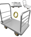 Badass Heavy Duty Platform Truck Cart 42 By 25 Inches with solid steel frame, quick detach guardrail, and 6-inch wheels.